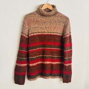 Vintage Sag Harbor Christmas Red Tan Striped Turtleneck Sweater Women's L